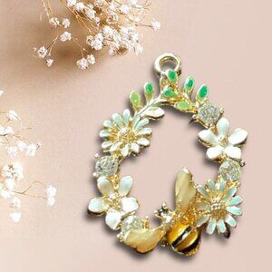 Gold-Tone Floral & Bee Pendant Charm With Enamel Accents